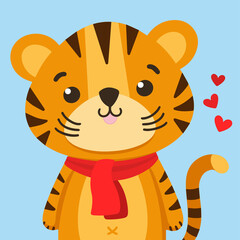 Cute vector tiger. Perfect for wallpaper, cards, stickers, poster, print, packaging, invitations, Baby shower, patterns, travel, logos etc
