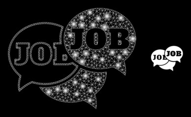 Glossy polygonal mesh net job forum messages icon with glitter effect on a black background. Wire frame job forum messages iconic vector with glitter spheres in bright colors.