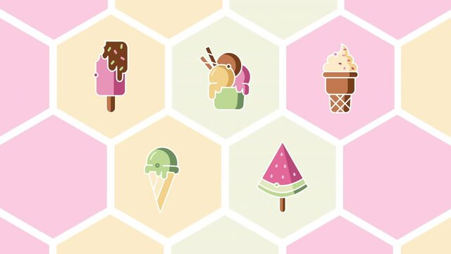 4k video of set of ice creams in flat style.