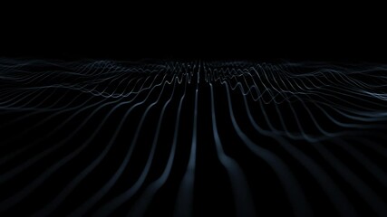 Wavy digital network white waving lines on black clean background. Seamless loop minimalistic modern animation.