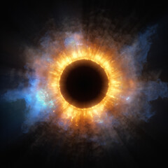 Full Eclipse of sci-fi fantasy star in outer space. Abstract astronomy or cosmic event, ring of fire with sunbeam. galactic explosion, chaos blaze or celestial aura. Center copy space for text or logo - obrazy, fototapety, plakaty