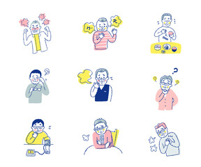 体調不良の中高年男性　さまざまなシーン　セット