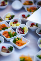 Close up wedding catering banquet table with variety vegan vegetarian fish snacks in tiny plates