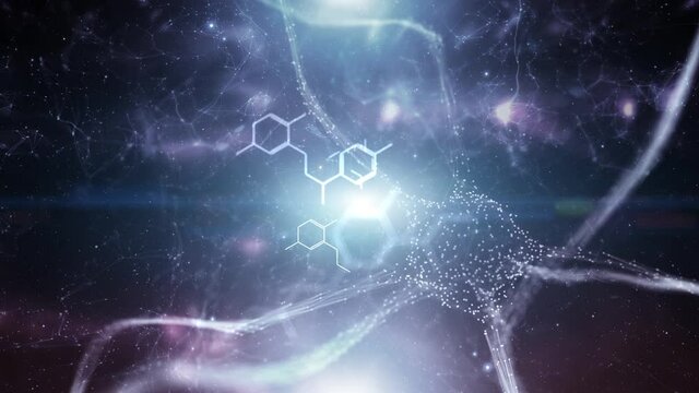 Glowing neuron brain cell and chemistry hexagon bonds chemistry science animation on black background space with shining details lines and dots.