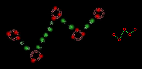 Glossy polygonal mesh net dotted trend chart icon with glitter effect on a black background. Constellation dotted trend chart iconic vector with glowing spheres in majestic colors.