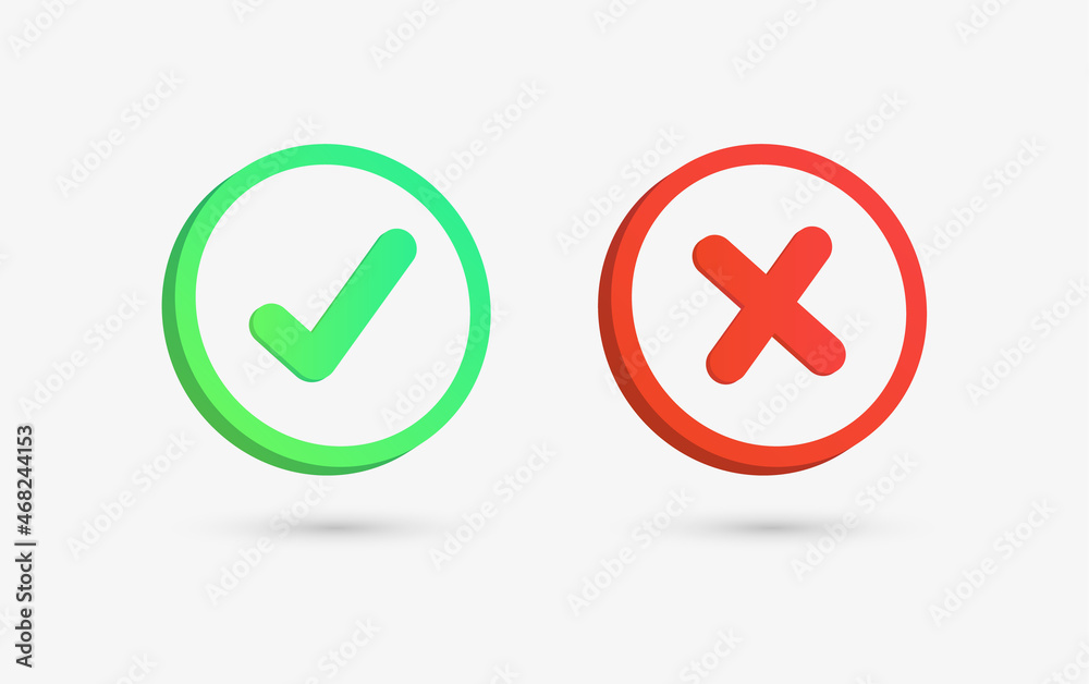 Poster 3d checkmark icon button correct and incorrect sign or green tick and red cross symbols - yes or no 3d icons buttons