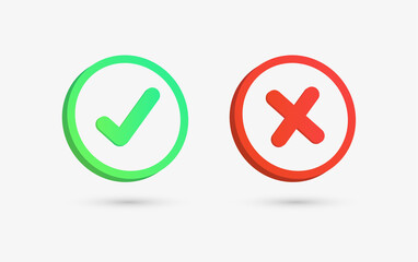 3d checkmark icon button correct and incorrect sign or green tick and red cross symbols - yes or no 3d icons buttons