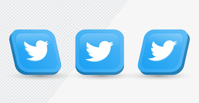 3d twitter logo in modern square for popular social media icons buttons - twitter 3d icon in round frame - twitter square Button Icon 3D -editorial network logos	