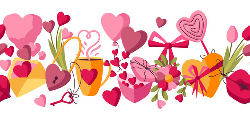 Happy Valentine Day seamless pattern. Holiday background with romantic and love symbols.