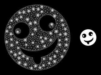 Fototapeta premium Glossy polygonal mesh web idiot smiley icon with glare effect on a black background. Wire frame idiot smiley iconic vector with glitter dots in stardust colors.