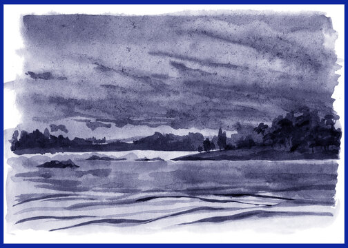 Landscape of the river and forest in watercolor. Sunset.
