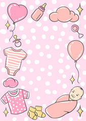 Happy Birthday decorative frame. Holiday baby girl shower celebration simbols.