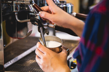 Fototapeta na wymiar female Barista Cafe Making Coffee Preparation Service Concept