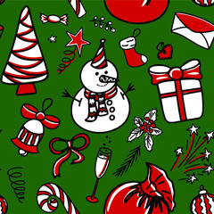 Vector seamless pattern. New Year and Christmas elements on green background: Tree, Letter, Bell, stars, socks, gift, present, ball, sweets