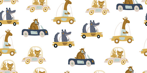 Fototapety  Vector seamless pattern with cute animals driving car, truck - bear, crocodile, giraffe, lama, hippo, monkey, cat, rabbit on white background. childish seamless pattern for boys and girls