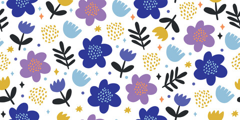 Elegant seamless pattern with flowers, leaves, dots. Scandinavian minimalism style vector background. Great for fabric, wallpaper. Scandinavian design. Kids pattern. Flowers wallpaper