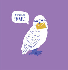 Cartoon vector illustration with white owl holding letter in claw with speech bubble. Owl mail illustration.