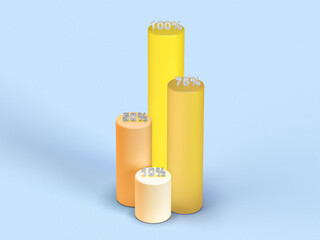 3D rendered transparent cylinder bar graphic with marked parts on a colorful background. Illustration for infographics or presentation of results. Visualization for markets and statistics.
