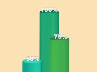 3D rendered transparent cylinder bar graphic with marked parts on a colorful background. Illustration for infographics or presentation of results. Visualization for markets and statistics.