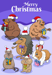 greeting card cartoon illustration with animals on Christmas time