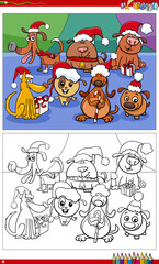 Obraz na płótnie Canvas cartoon dog characters with Christmas presents coloring book page