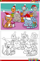 cartoon cat characters on Christmas time coloring book page