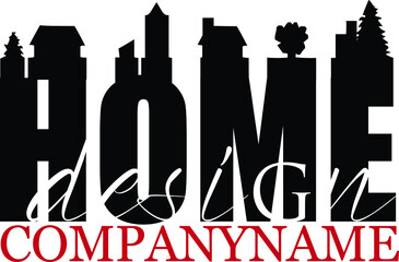 Text logo with silhouettes of houses. Graphics for home design and interior and exterior decoration.