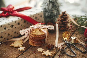 Merry Christmas! Christmas cookies, stylish gift, festive decorations on rustic wooden table. Atmospheric christmas moody image. Xmas present, healthy oatmeal cookies, ornaments. Happy Holidays