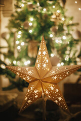 Stylish Christmas star on background of tree with modern baubles, boho ornaments and golden lights....