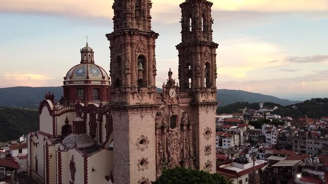 Sunset in Santa Prisca church in Taxco Mexico 