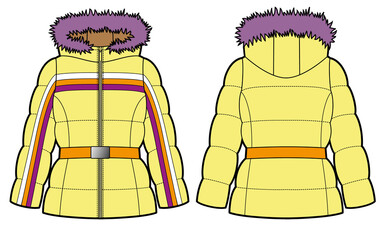 Womans belted yellow down jacket with lilac fur on the hood. - obrazy, fototapety, plakaty