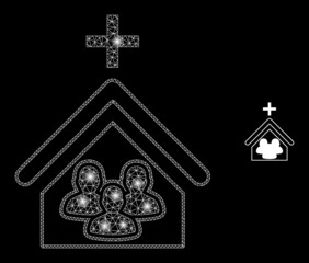 Glossy polygonal mesh net church people icon with glitter effect on a black background. Carcass church people iconic vector with glitter spheres in majestic colors.