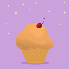 Sweet cupcake vector with cherry on purple background. Cartoon tasty cupcake in pastel colors with snow