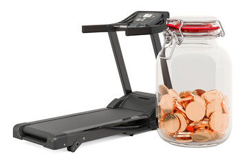 Fototapeta premium Treadmill with glass jar full of golden coins, 3D rendering