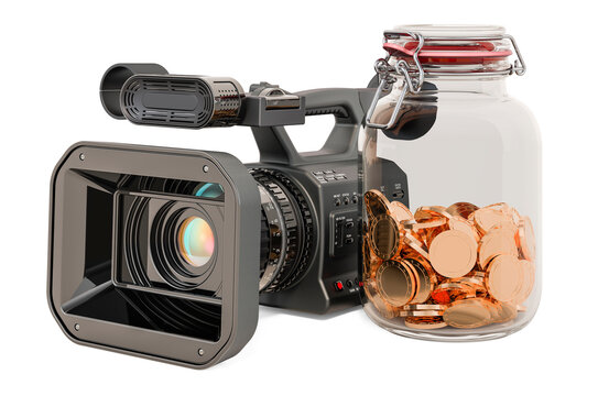 Professional video camera with glass jar full of golden coins, 3D rendering
