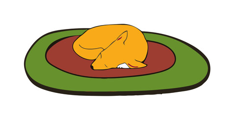 The ochre dog is curled up and sleeping on the carpet