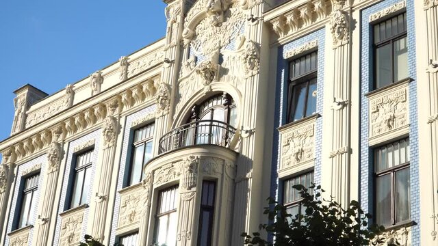 The Art Nouveau architecture historical building facade in one of the most famous Jugendstil-style houses quarter on Alberta Street in Riga, the capital of Latvia. 