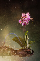 Orchidea  su mano bionica con ingranaggi 