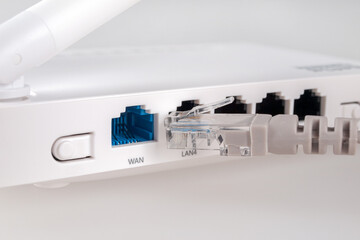 Router for wireless Internet, modem, Internet cable connection, LAN connection, Gigabit high-speed, selective focus