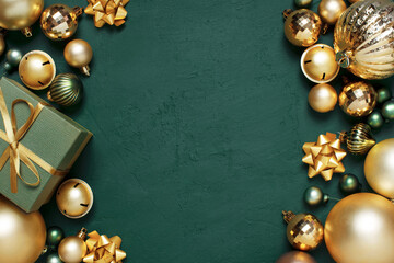 Christmas green background with golden decoration, holiday festive frame