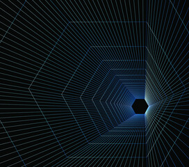 Vector. Abstract hexagon shaped tunnel on black background. Futuristic web wire frame.