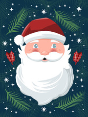 Hand drawn Santa Claus on dark blue background with stars, snow and decoration. Colorful festive holiday vector illustration.