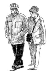 Sketch of elderly spouses walking outdoors together