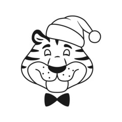Black and white outline smiling tiger head in Santa hat isolated on white background. Thin line animal character face. New Year symbol kids coloring page. Comic wild cat. Holiday vector illustration.