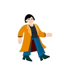 Woman in coat. Female character in casual autumn clothes. Girl walking. Flat trendy cartoon illustration