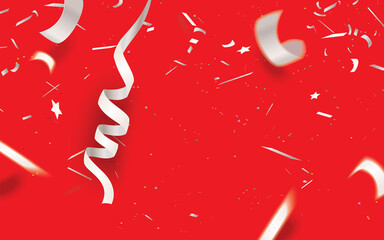 Realistic falling defocused silver and white confetti isolated on red background,vector illustration for holiday greeting