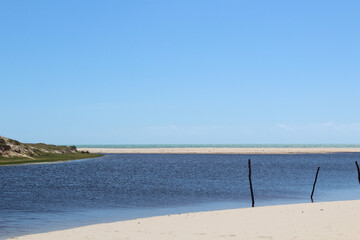 Fototapeta na wymiar color contrast between lake, dunes and sea in Beberibe, Ceará.