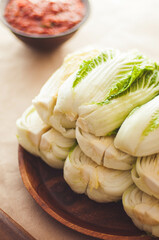 The process of making traditional Korean kimchi from napa cabbage