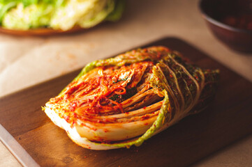 The process of making traditional Korean kimchi from napa cabbage