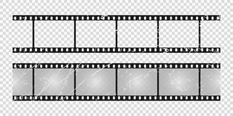 Grunge film strip on transparent background. Retro scratched camera photo roll. Old filmstrip with perforation, border or frame with place for pictures. Vector illustration